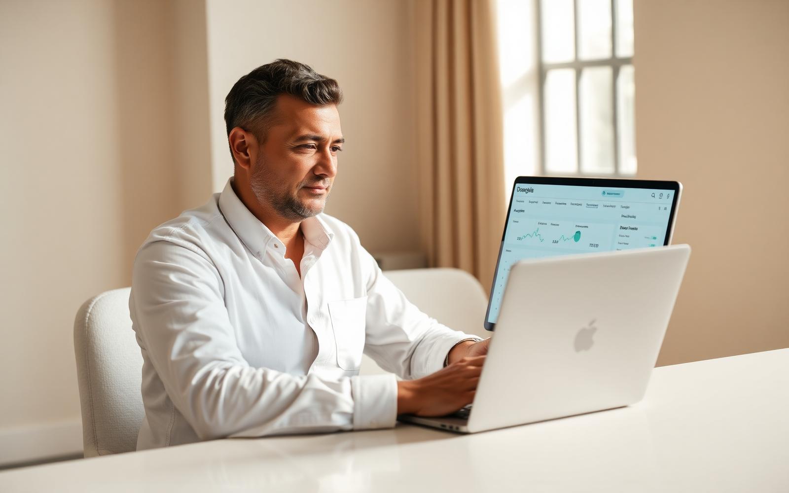 Professor utilizando um notebook em ambiente tranquilo, com uma interface personalizada suave na tela.